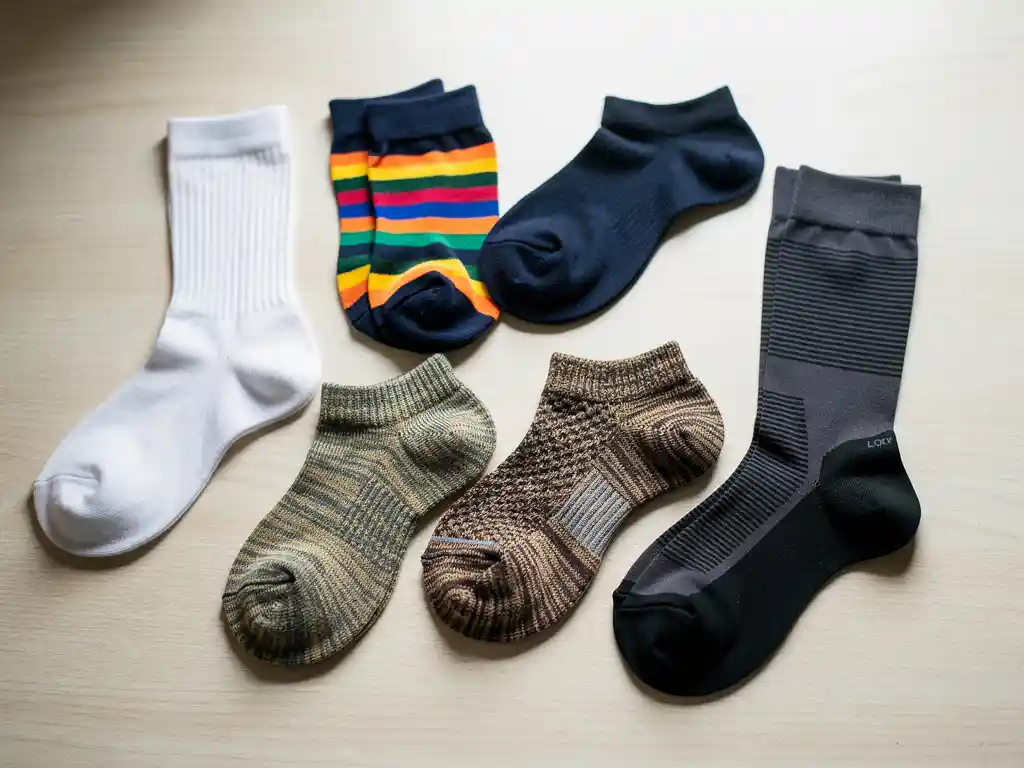 Verschillende sokstijlen gerangschikt op houten oppervlak: sportsokken, gestreepte kniekousen, dunne sokken, wollen wandelsokken