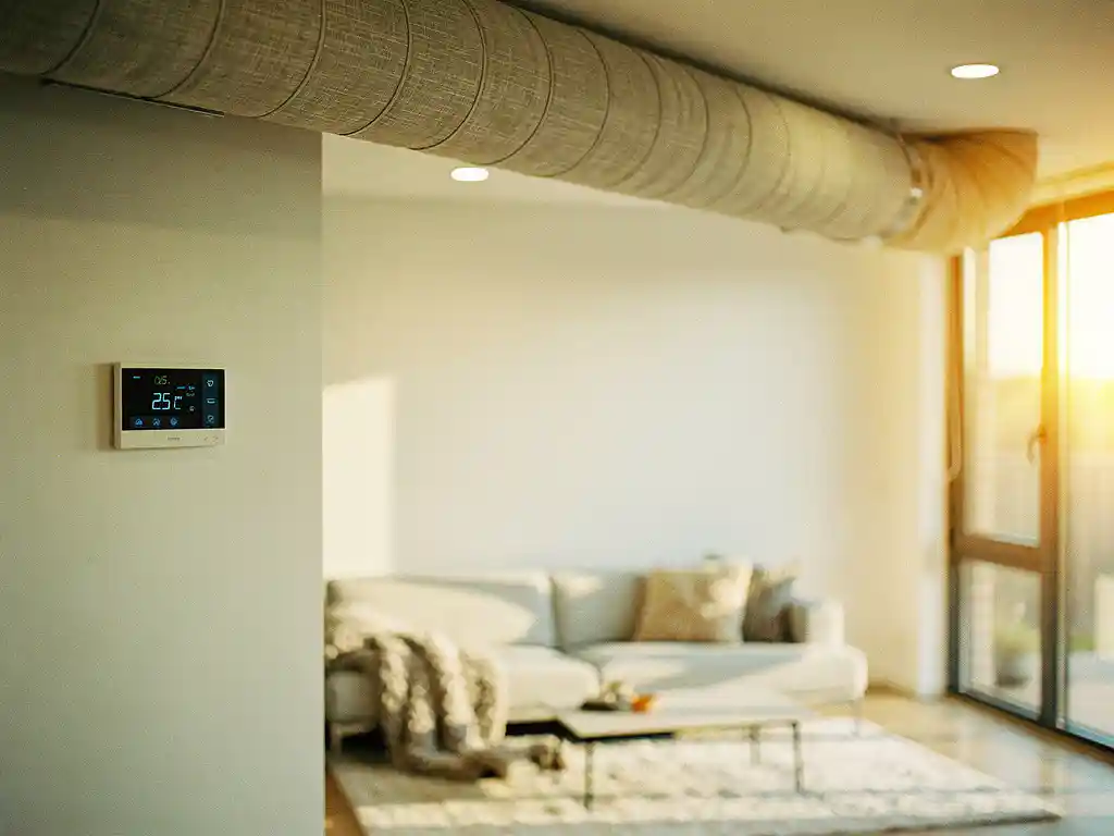 Moderne stoffen luchtkanaal systeem aan plafond in lichte woonkamer met digitale thermostaat en comfortabele meubels