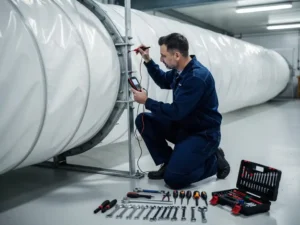 Technicus in werkkleding onderzoekt industrieel ventilatiesysteem met multimeter in heldere werkplaats