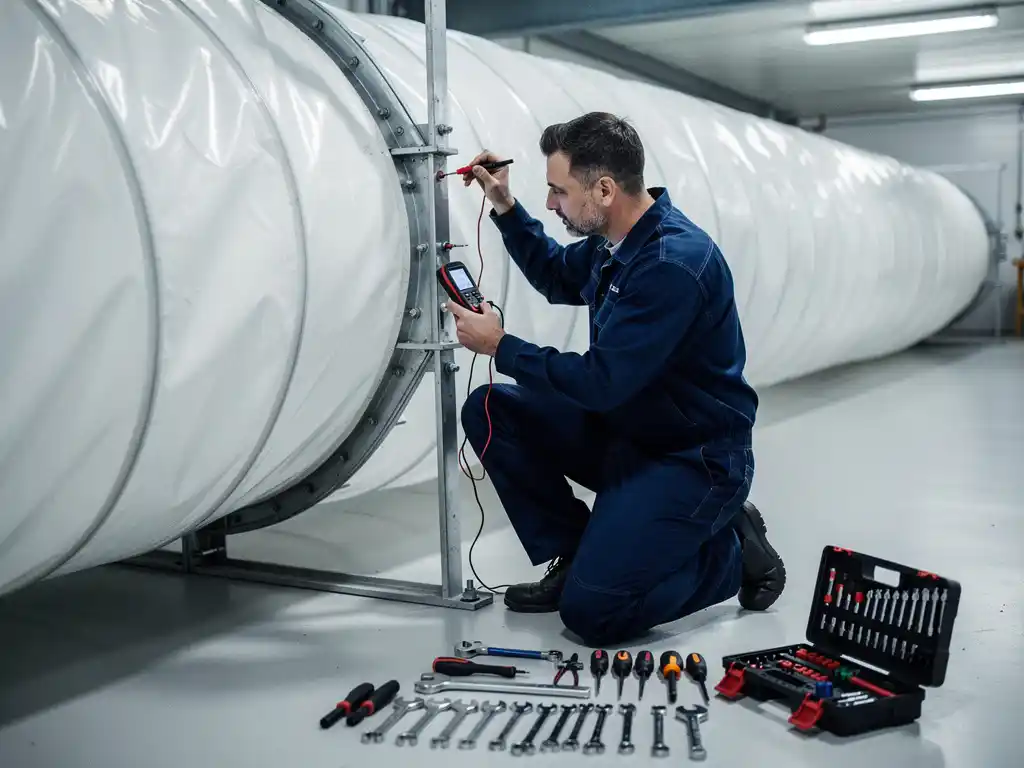 Technicus in werkkleding onderzoekt industrieel ventilatiesysteem met multimeter in heldere werkplaats