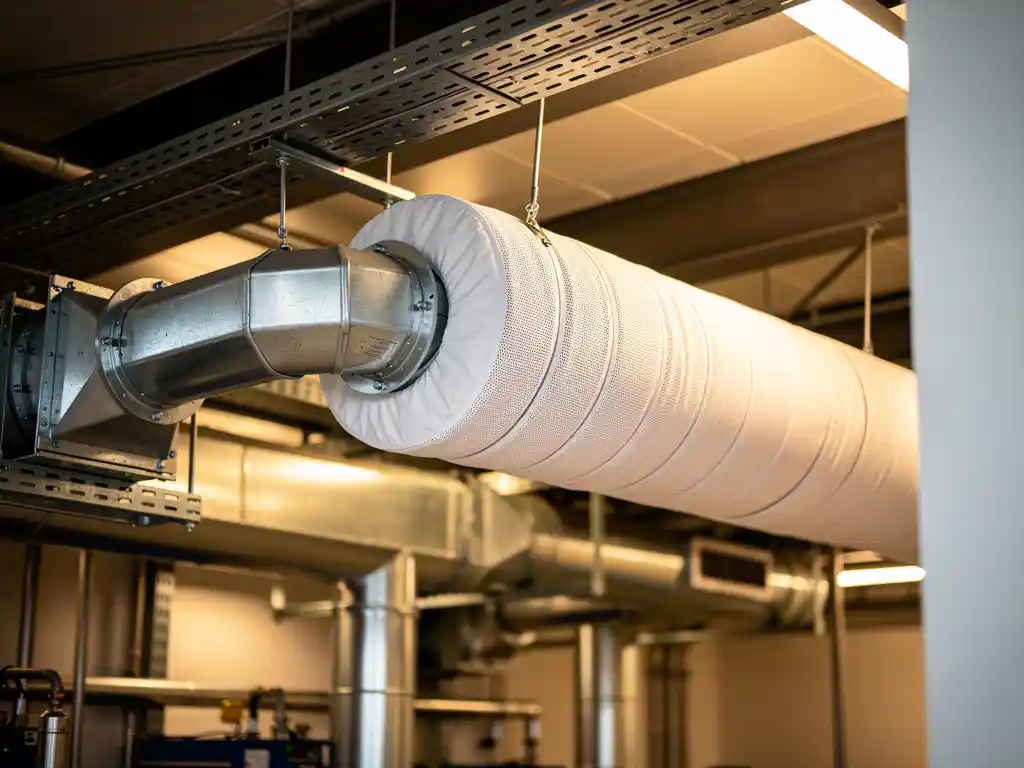 Moderne ventilatiesystemen in gebouw: witte stoffen luchtkanaal naast traditionele metalen buizen in technische ruimte
