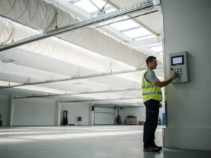 Technicus past luchtstroom aan van wit textiel luchtverdelingssysteem opgehangen aan plafond in moderne loods