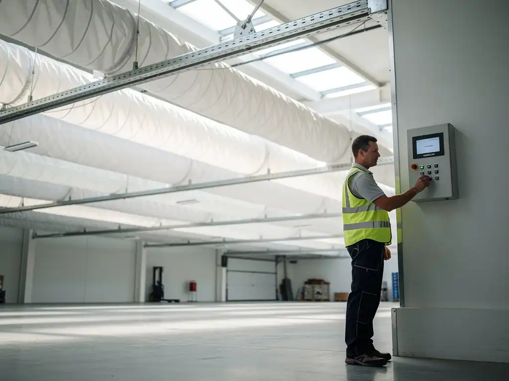 Technicus past luchtstroom aan van wit textiel luchtverdelingssysteem opgehangen aan plafond in moderne loods