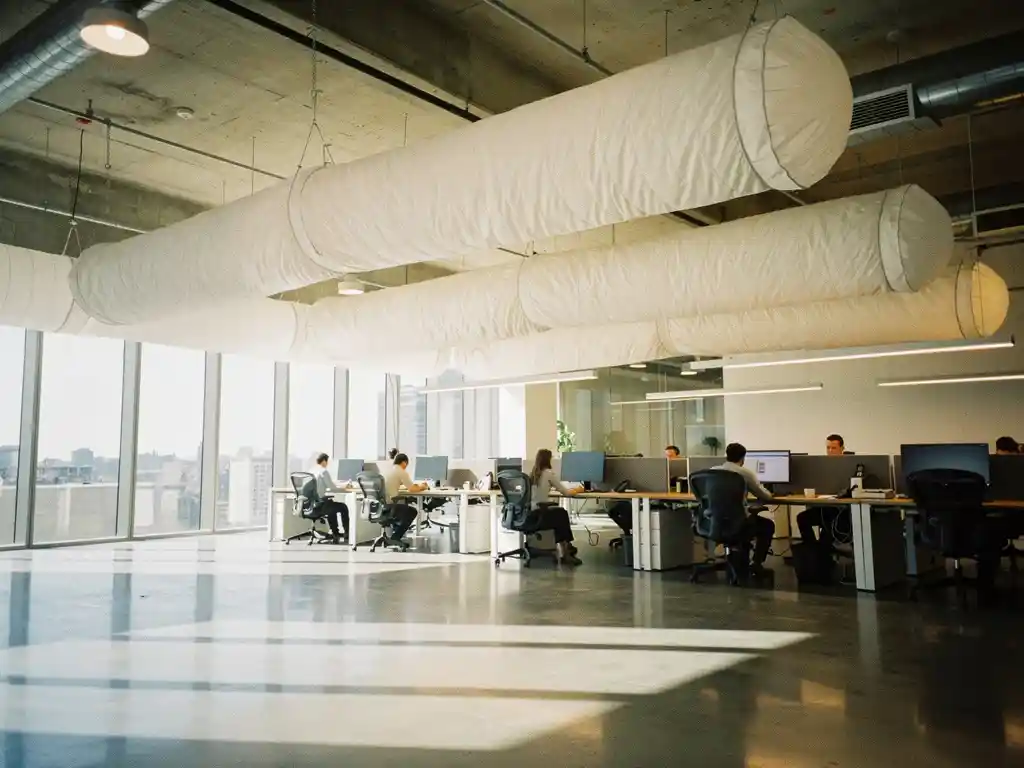Moderne kantoorruimte met witte textiele luchtkanalen aan het plafond die frisse lucht verspreiden boven werkende medewerkers