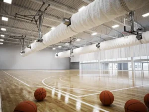 Moderne sporthal met witte stoffen luchtkanalen aan plafond boven basketbalveld, LED-verlichting en gepolijste houten vloer