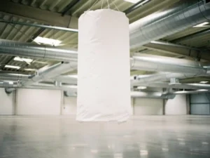 Wit stoffen luchtverdelingssysteem hangt aan industriële plafondkanalen in schone magazijnruimte met betonvloeren