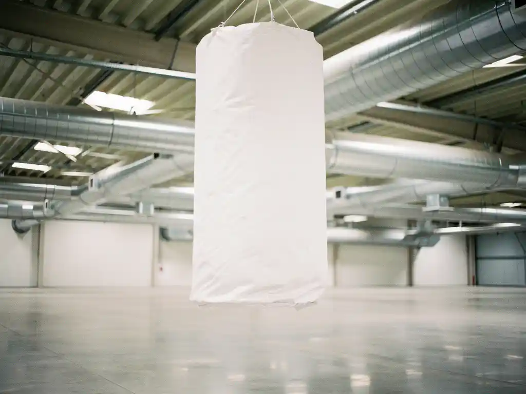 Wit stoffen luchtverdelingssysteem hangt aan industriële plafondkanalen in schone magazijnruimte met betonvloeren