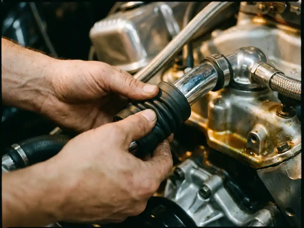 Mechanicien toont zwarte trillingdemper om metalen leiding in chromen motorruimte van auto