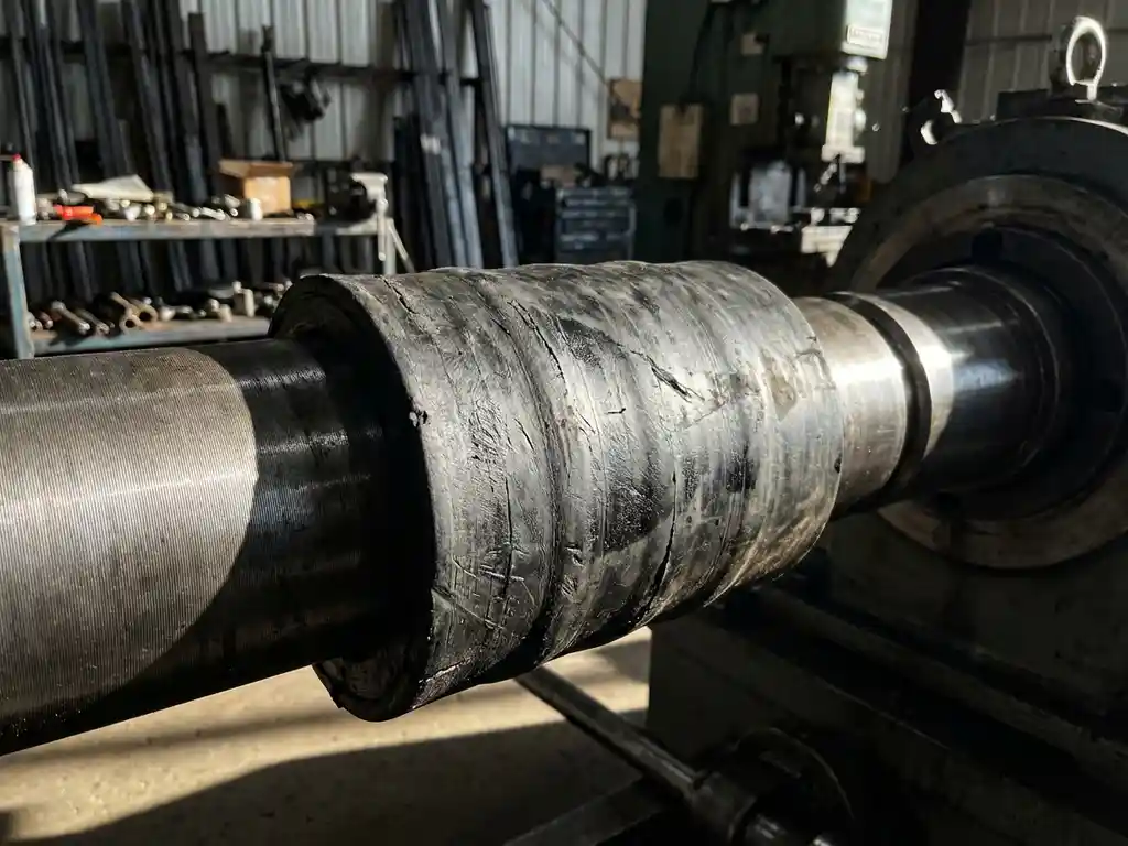 Zwarte rubber trillingsdempende mof rond metalen pijp in industriële werkplaats met dramatische zijverlichting