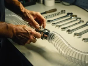 Technicus sluit flexibele luchtverdeelslang aan op ventilatiesysteem met chromen fittingen op werkbank