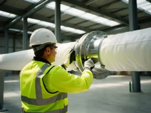 Bouwvakker installeert witte textiele luchtverdeelsok op industriële ventilatie in moderne magazijnruimte