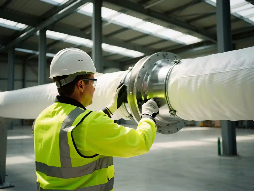 Bouwvakker installeert witte textiele luchtverdeelsok op industriële ventilatie in moderne magazijnruimte