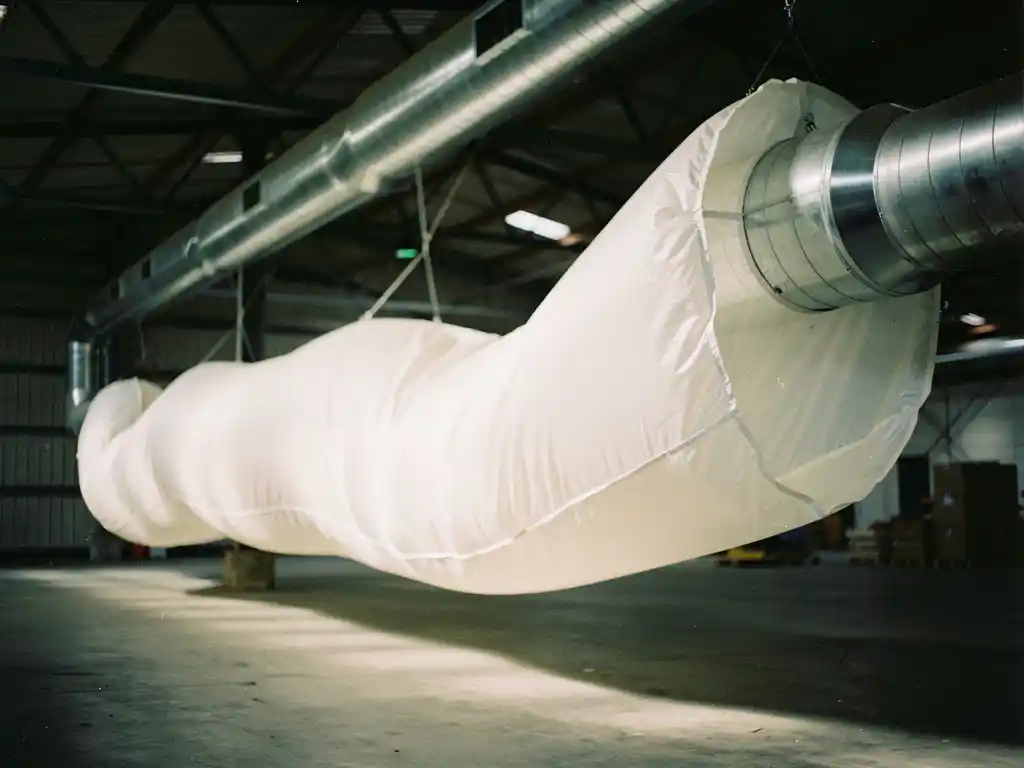 Witte stoffen luchtkanaal hangt aan industriële balken in magazijn, zacht bollend door luchtstroom met dramatische belichting