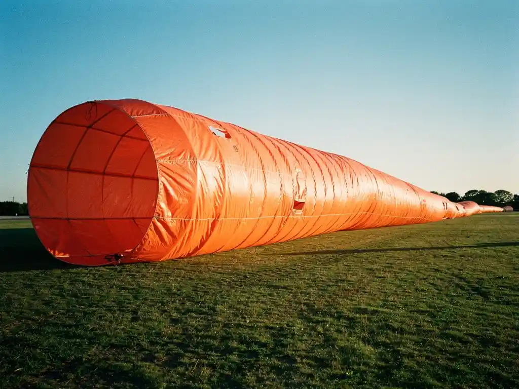 Grote oranje luchtzak windindicator wappert dramatisch in open veld tegen heldere blauwe hemel tijdens gouden uur