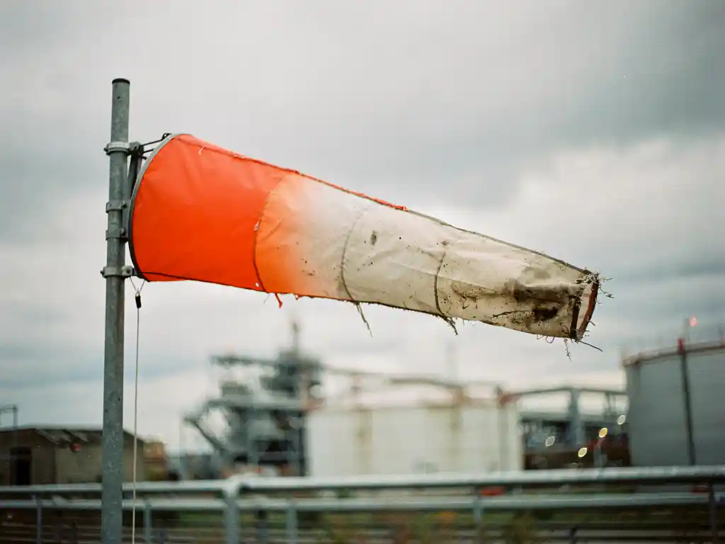 Versleten oranje windzak met rafelige randen op metalen paal tegen bewolkte hemel bij industriële faciliteit