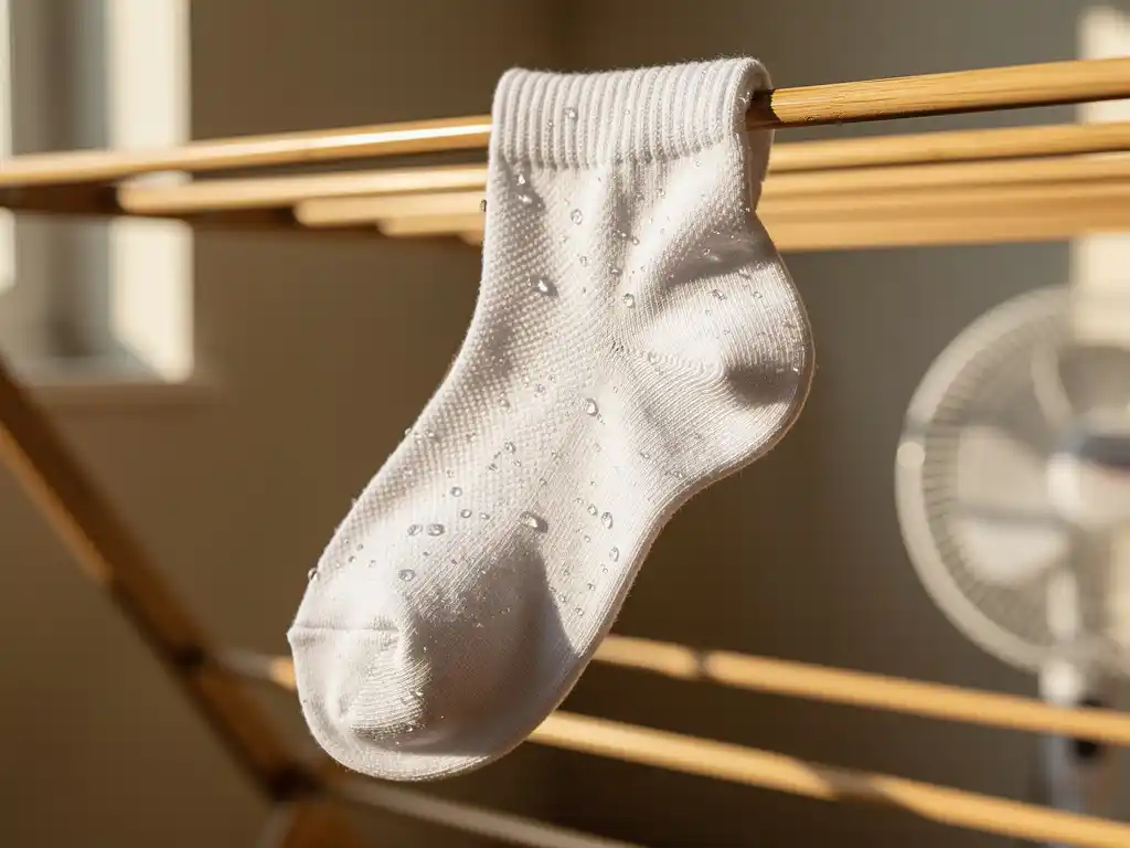 Witte sportsok hangt aan houten droogrek met waterdruppels, natuurlijk licht valt door wasruimte raam