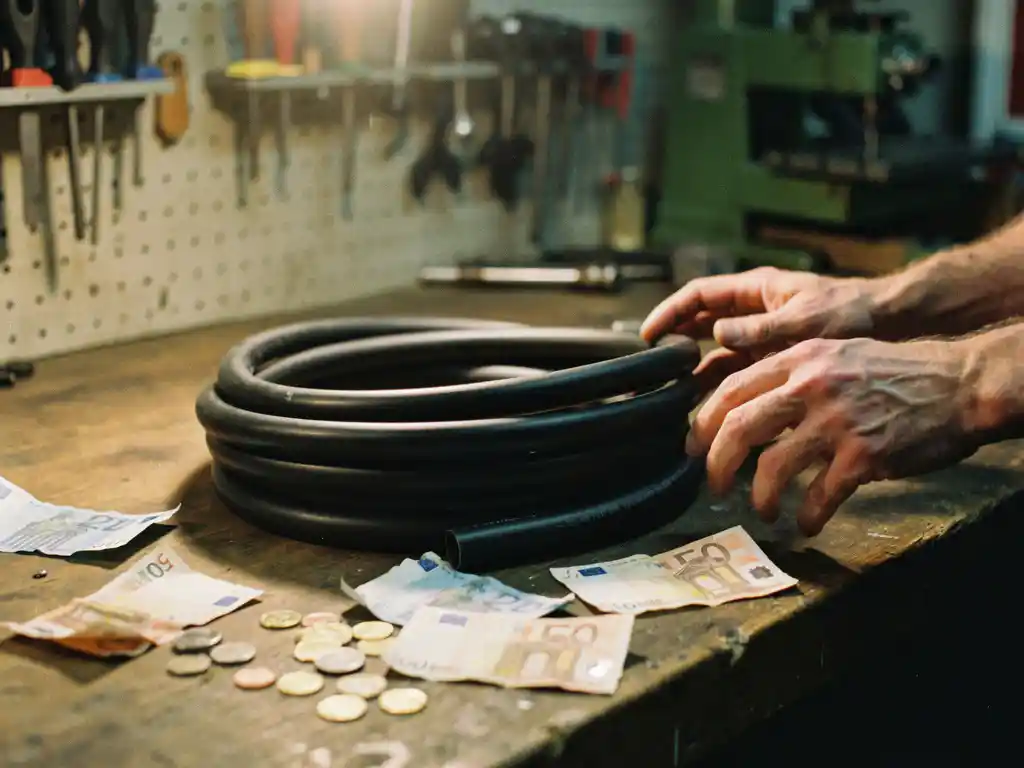 Zwarte rubber luchtslang op houten werkbank naast eurobankbiljetten en gereedschap in industriële werkplaats