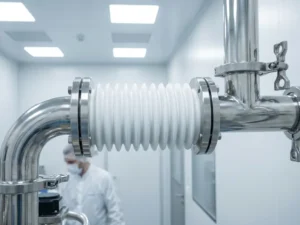 Witte balg-expansieverbinding in roestvrijstalen voedingsleiding binnen een farmaceutische cleanroom met gepolijste hygiënische koppelingen.