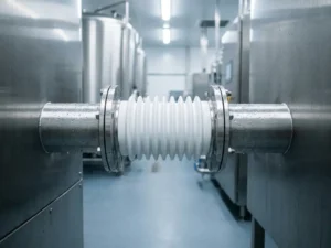 Witte balg-expansieverbinding in roestvrijstalen voedingskwaliteit pijpleiding met waterdruppels op gepolijste flenzen in een voedingsverwerkingsfaciliteit.