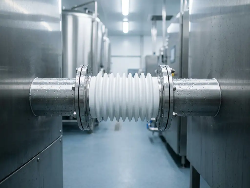 Witte balg-expansieverbinding in roestvrijstalen voedingskwaliteit pijpleiding met waterdruppels op gepolijste flenzen in een voedingsverwerkingsfaciliteit.