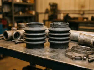Rubber balg en meerlaagse stoffen balg naast elkaar op versleten stalen werkbankoppervlak, omringd door pijpfittingen en klemmen.