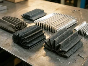Gevouwen balgsegmenten van rubber, geweven stof en gepolijst metaal op stalen werkoppervlak, zachte industriële belichting.