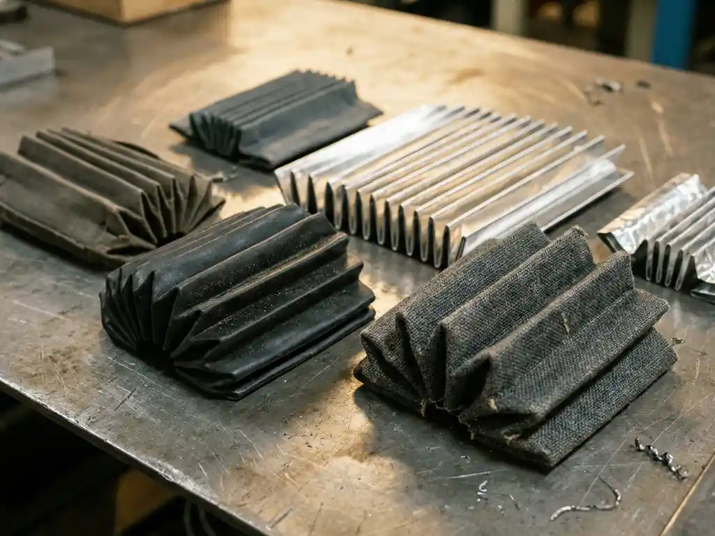 Gevouwen balgsegmenten van rubber, geweven stof en gepolijst metaal op stalen werkoppervlak, zachte industriële belichting.