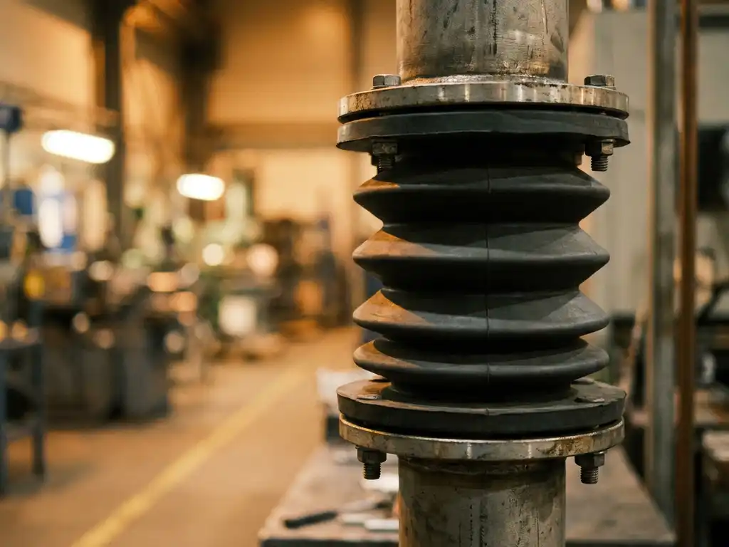 Rubberen balgslangeverbinding met geplooide vouwen tussen twee stalen industriële buizen op een fabriekslocatie.