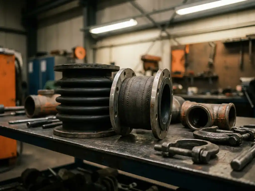 Rubberen balgsgewricht en flexibele slangverbinding naast elkaar op versleten stalen werkblad, omringd door industriële pijpkoppelingen.