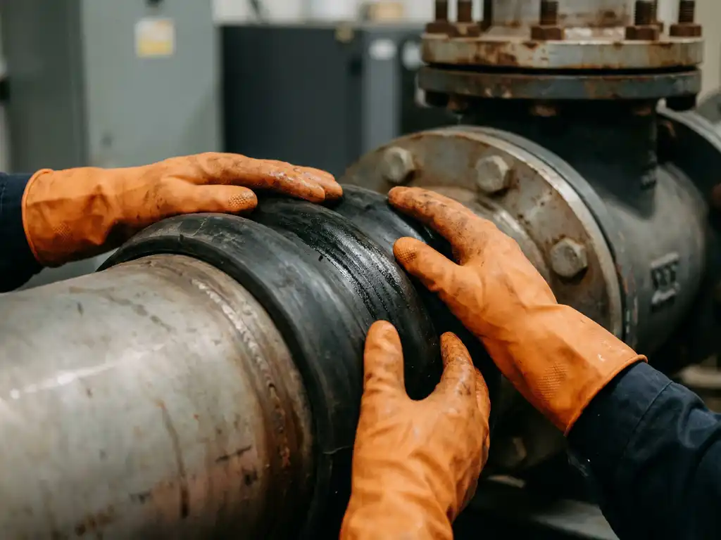 Gehandschoende handen inspecteren rubberen expansievoeg op industriële pijpleiding, versleten metalen flenzen op de achtergrond.