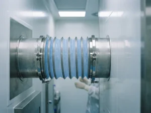 Farmaceutische laadbalg van roestvrij staal die twee leidingen verbindt in een steriele cleanroom productielijn.
