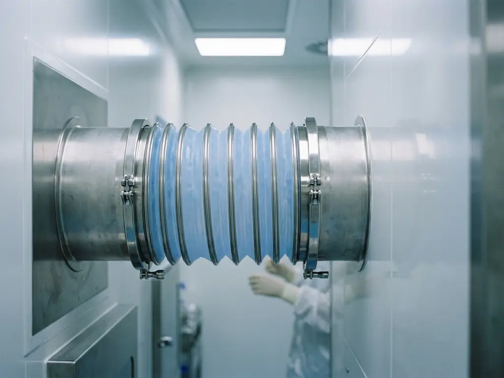 Farmaceutische laadbalg van roestvrij staal die twee leidingen verbindt in een steriele cleanroom productielijn.