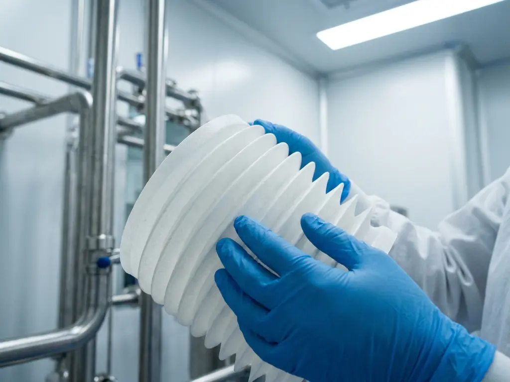 FDA-gecertificeerde witte balg in gehandschoende handen binnen een steriele farmaceutische productieomgeving met roestvrijstalen leidingen.