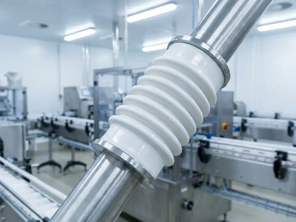 Witte FDA-gecertificeerde balgkoppeling op roestvrijstalen pijp in een hygiënische voedselverwerking faciliteit.