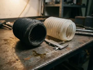 Twee industriële balgkoppelingen op verouderd staaloppervlak: zwarte rubberen en doorschijnende siliconen balg met schuifmaat ertussen.