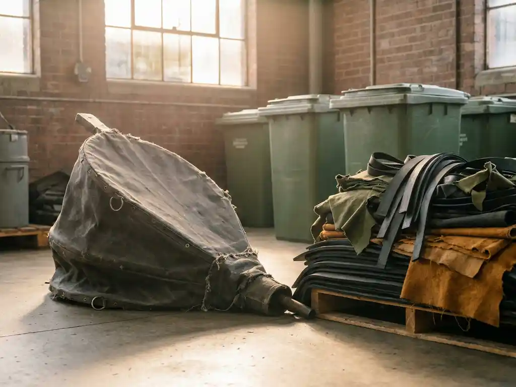 Versleten industriële laadbalg op betonvloer naast gesorteerde rubber- en stofffragmenten, met groene recyclingbakken op de achtergrond.