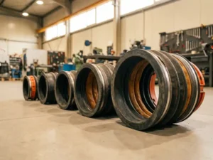 Industriële laadbalgen van groot naar klein opgesteld op betonnen werkplaatsvloer, zwaar rubber en stof in antraciet en amber tinten.