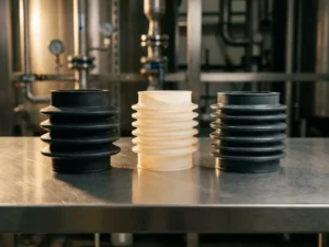 Industriële rubberbalgen van EPDM, siliconen en Viton op roestvrijstalen ondergrond in chemische verwerkingsomgeving.