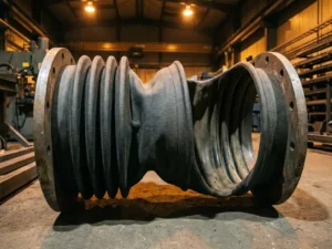 Industriële laadbalg van zwaar rubber onder mechanische druk, gemonteerd tussen stalen flenzen op een fabrieksvloer.