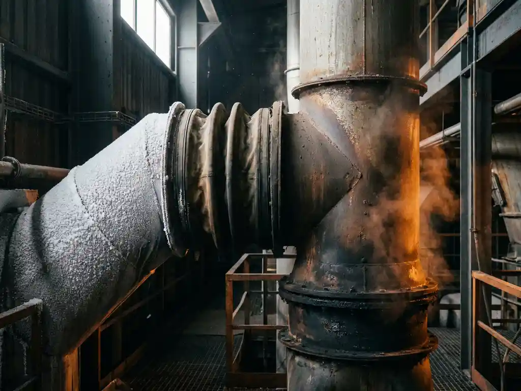 Industriële laadbalg op metalen luchtkanaalsysteem met ijskristallen aan één zijde en hitteschering aan de andere kant.