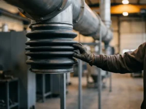 Onderhoudstechnicus inspecteert industriële laadbalg op pneumatische transportleiding in schone fabrieksomgeving.