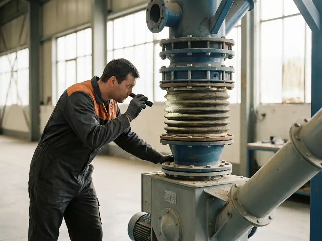 Technicus in handschoenen inspecteert industriële laadbalg op pneumatisch transportsysteem in schone productiefaciliteit.