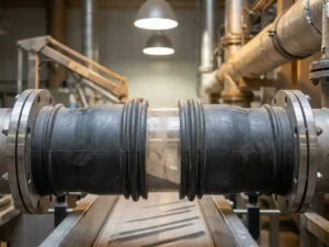 Rubberen laadbalg tussen twee roestvrijstalen transportflenzen op een actieve industriële productielijn.