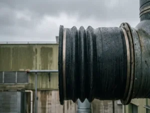 Zware rubber laadbalg op industriële ventilatiebuis buiten in de regen, waterdruppels op donker rubberoppervlak, betonnen fabrieksgebouw op achtergrond.