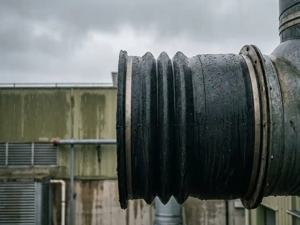 Zware rubber laadbalg op industriële ventilatiebuis buiten in de regen, waterdruppels op donker rubberoppervlak, betonnen fabrieksgebouw op achtergrond.