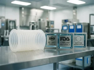 Farmaceutische laadbalg van wit siliconen op roestvrijstalen ondergrond in cleanroom, met certificeringsplaquettes ernaast.