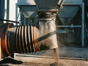 Laadbalg op industriële bulktransportinstallatie met grove abrasieve korrels die door een versterkte rubberen slang stromen.
