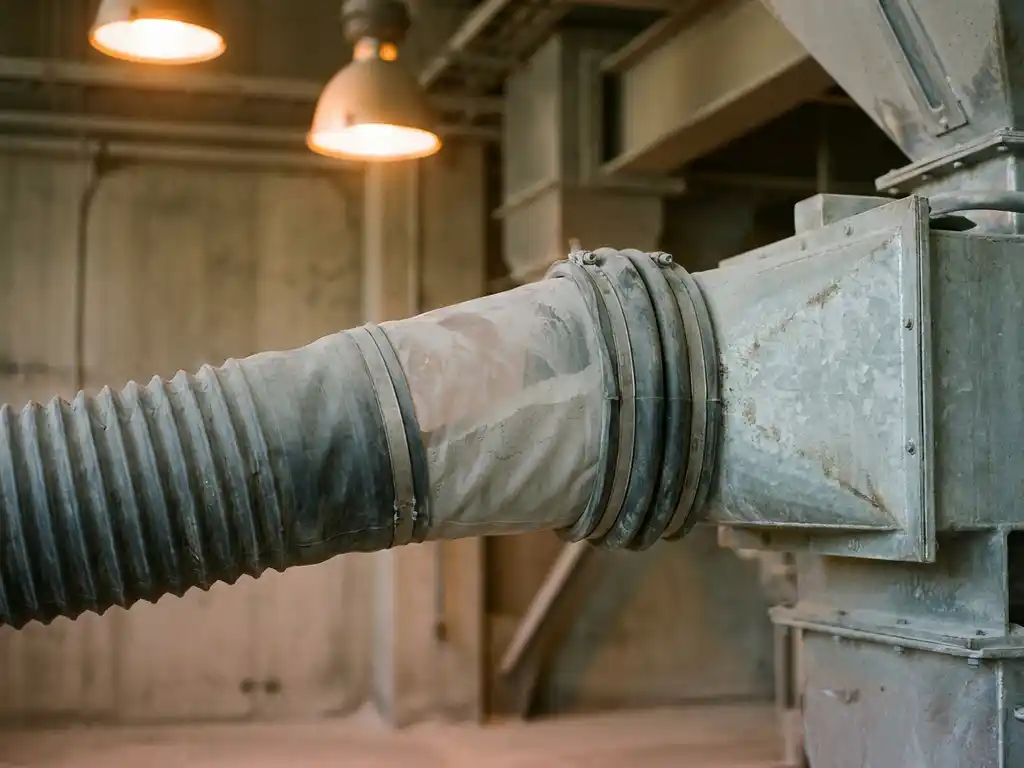 Rubberen laadbalg hermetisch afgesloten rond metalen stortkoker, fijn grijs poeder zichtbaar ingehouden zonder stofemissie, industriële bulkverwerking.