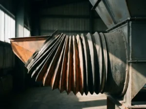 Rubber laadbalg met accordeonvorm op industriële transportband, omgeven door stalen kanalen in productiefaciliteit.