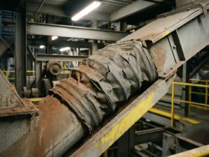 Versleten industriële laadbalg met scheuren en vervorming op een zwaarbelast transportsysteem in een stoffige fabriek.
